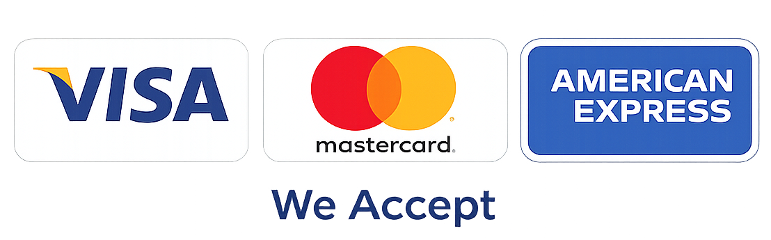 Accepted payment methods including Visa, Mastercard, and American Express.