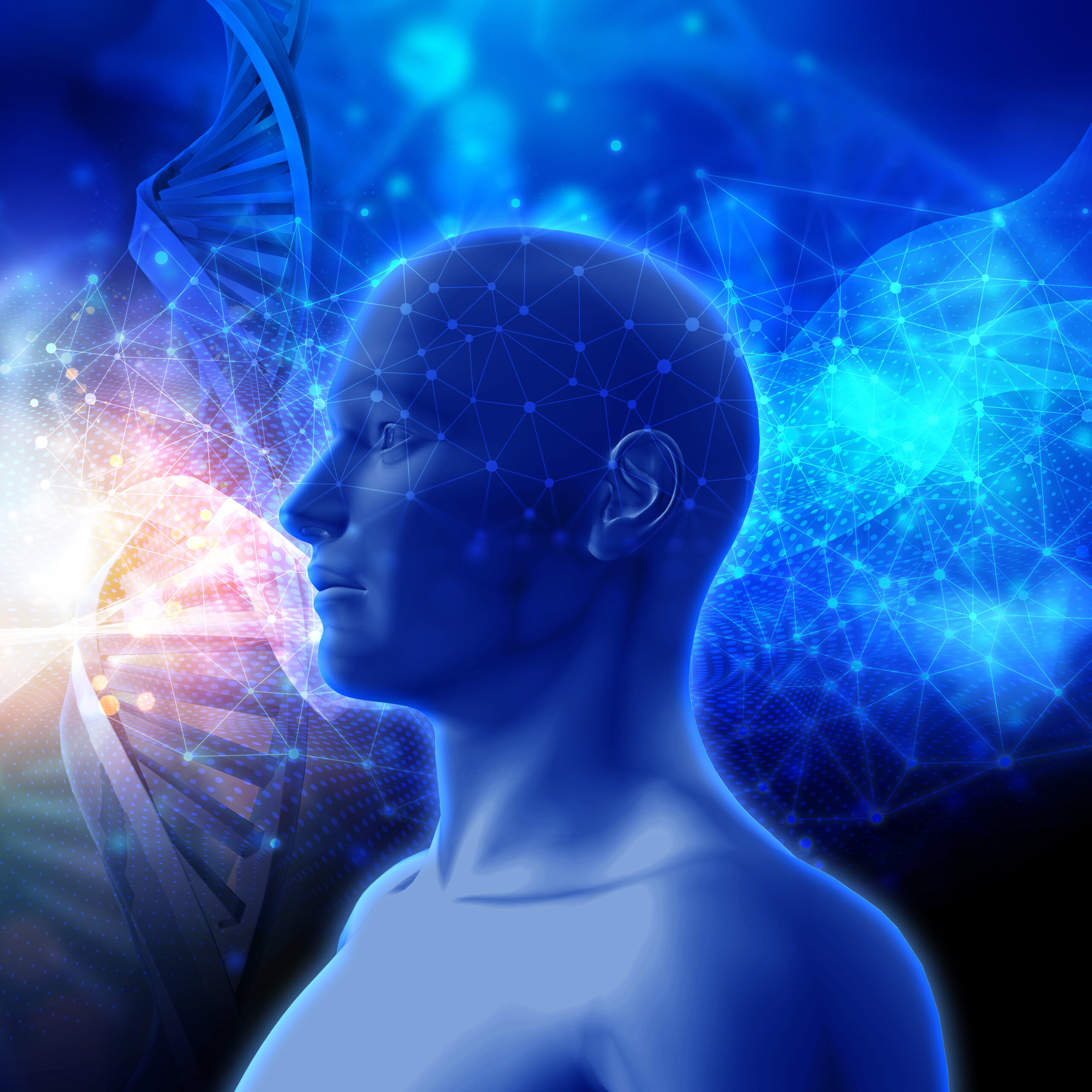 A futuristic 3D-rendered image of a human head with a glowing neural network, DNA strands, and digital data visualization, symbolizing artificial intelligence in healthcare, neuroscience, and medical technology advancements.