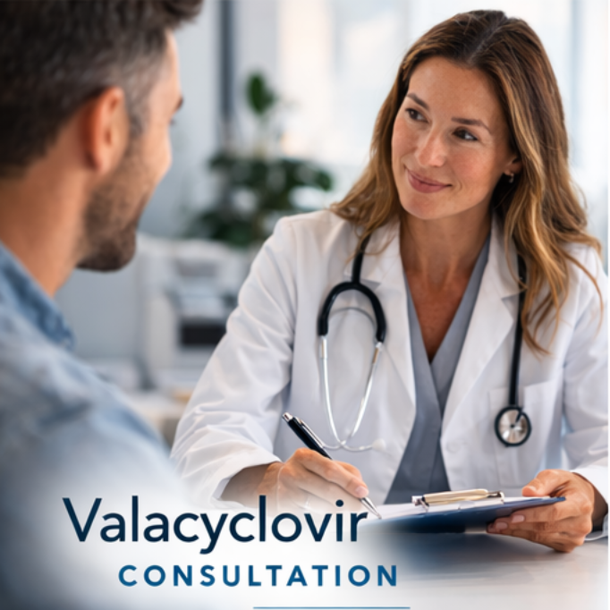 Licensed healthcare provider conducting a valacyclovir consultation with a patient in a clinical setting. ✅ Title