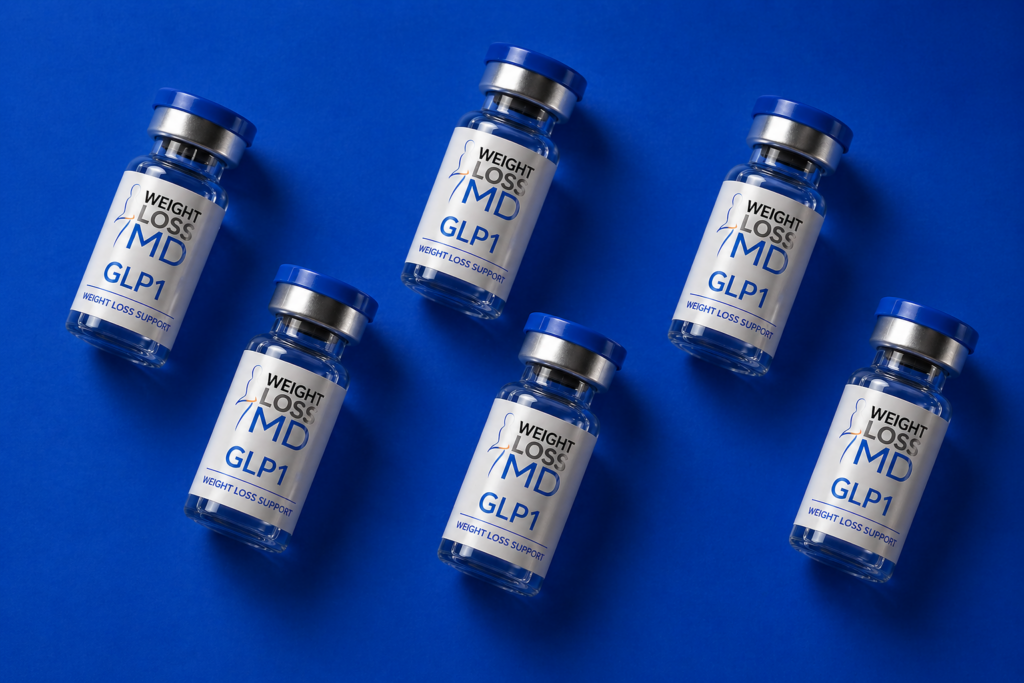 Flat lay of multiple GLP-1 peptide vials labeled Weight Loss MD arranged on a blue background