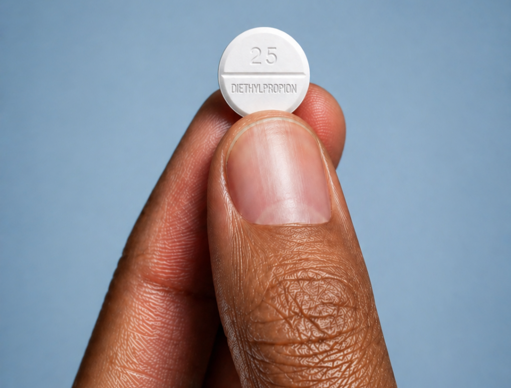 Hand holding Diethylpropion 25 mg tablet with imprint, appetite suppressant medication