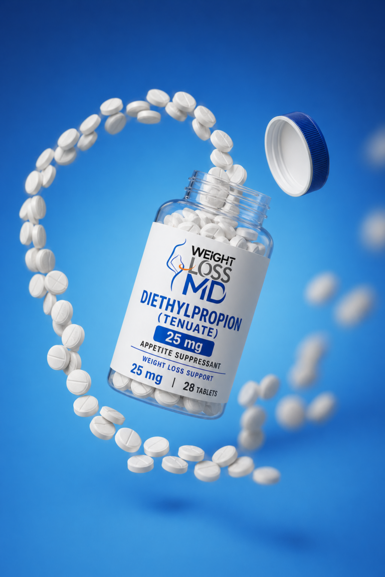 Diethylpropion 25 mg (Tenuate) bottle with white tablets swirling on blue background