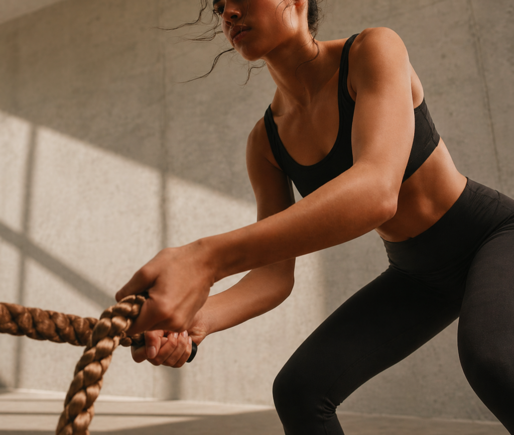 Woman performing battle rope exercise in a modern gym setting