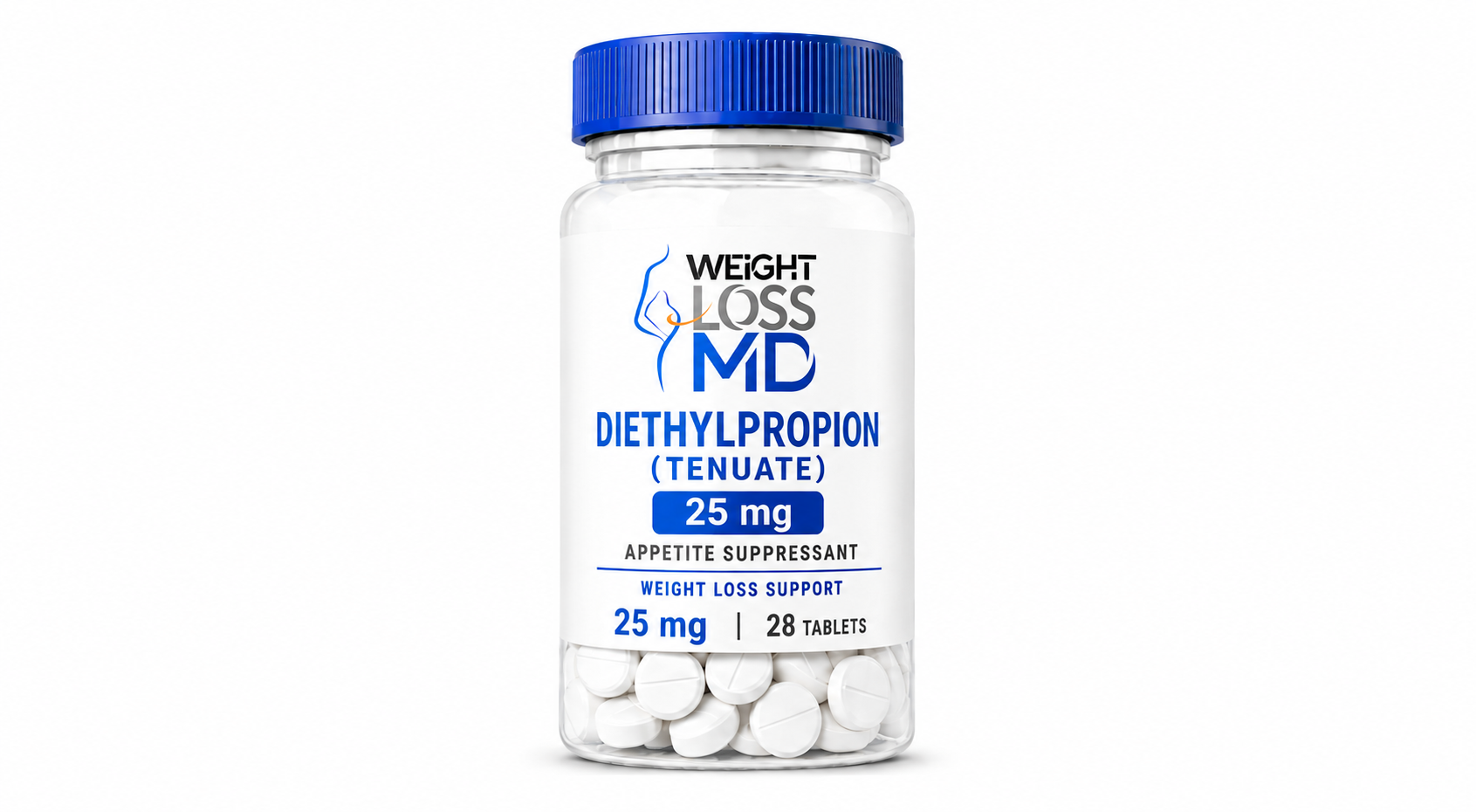 Diethylpropion 25 mg (Tenuate) bottle with Weight Loss MD branding and white tablets inside