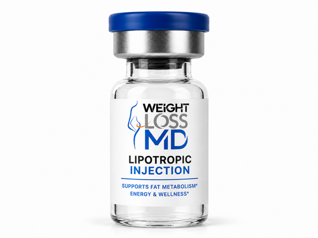Lipotropic injection vial with Weight Loss MD branding on a clean white background.