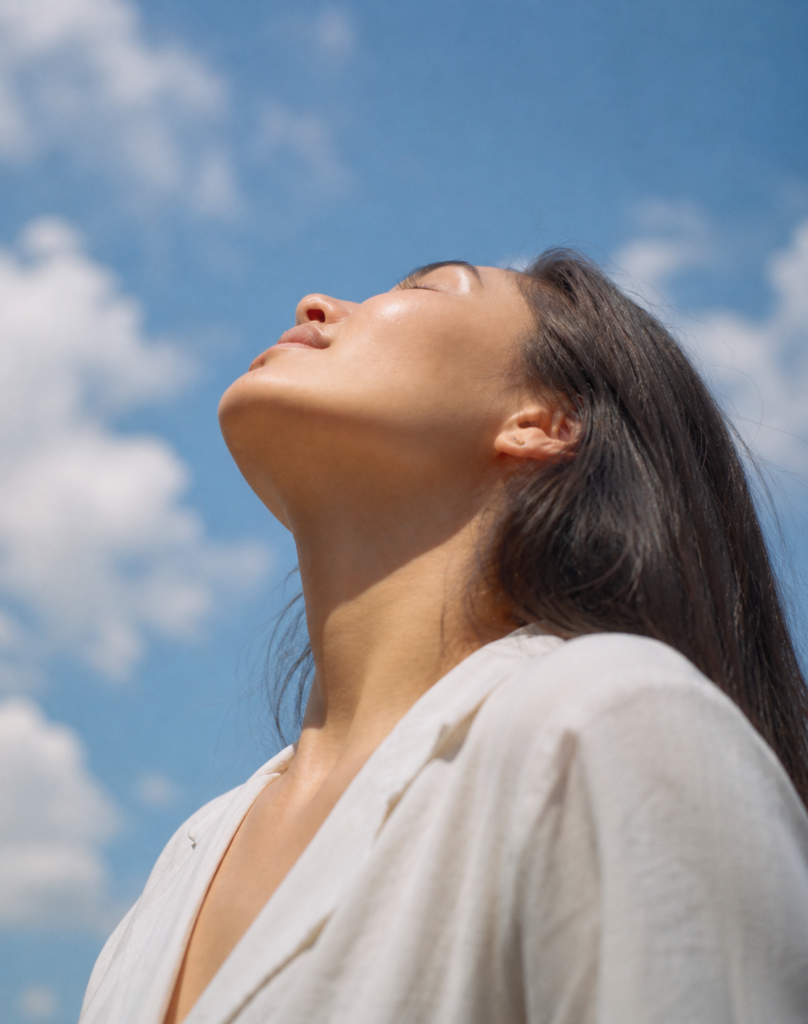 Woman looking up toward the sky with sunlight on her face against a blue sky background.