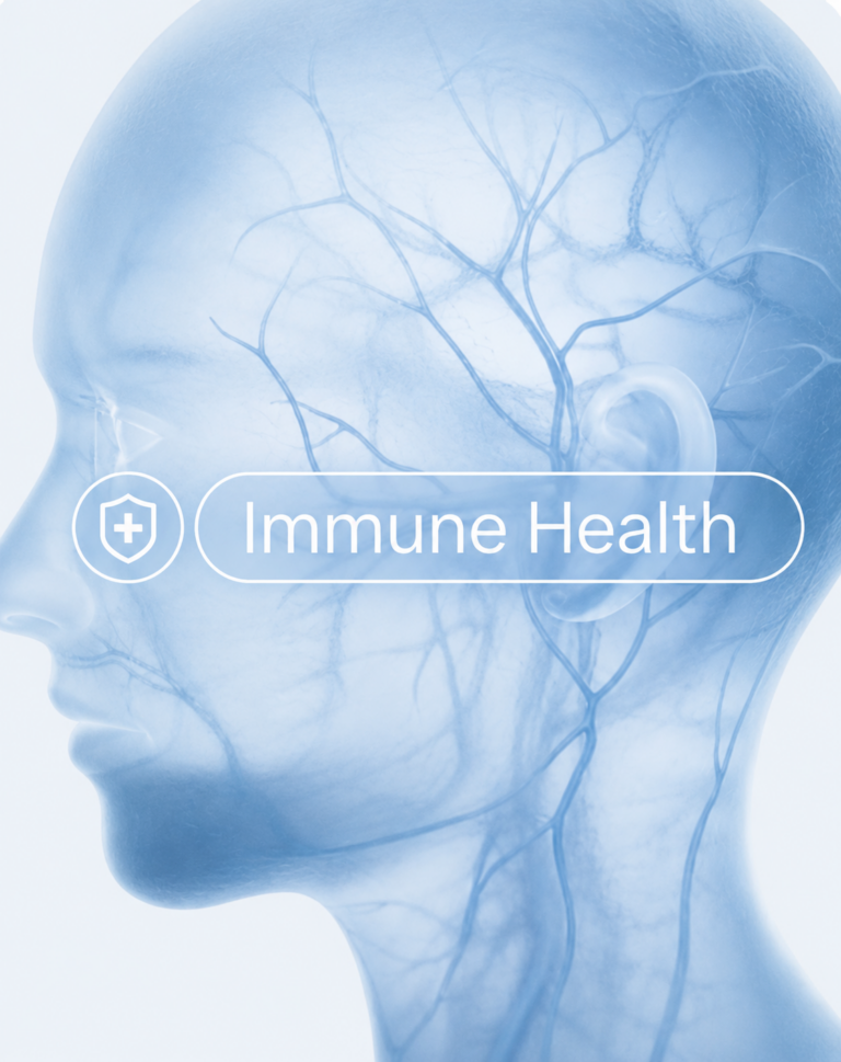Light blue medical illustration of a human head and vascular system with “Immune Health” text overlay.