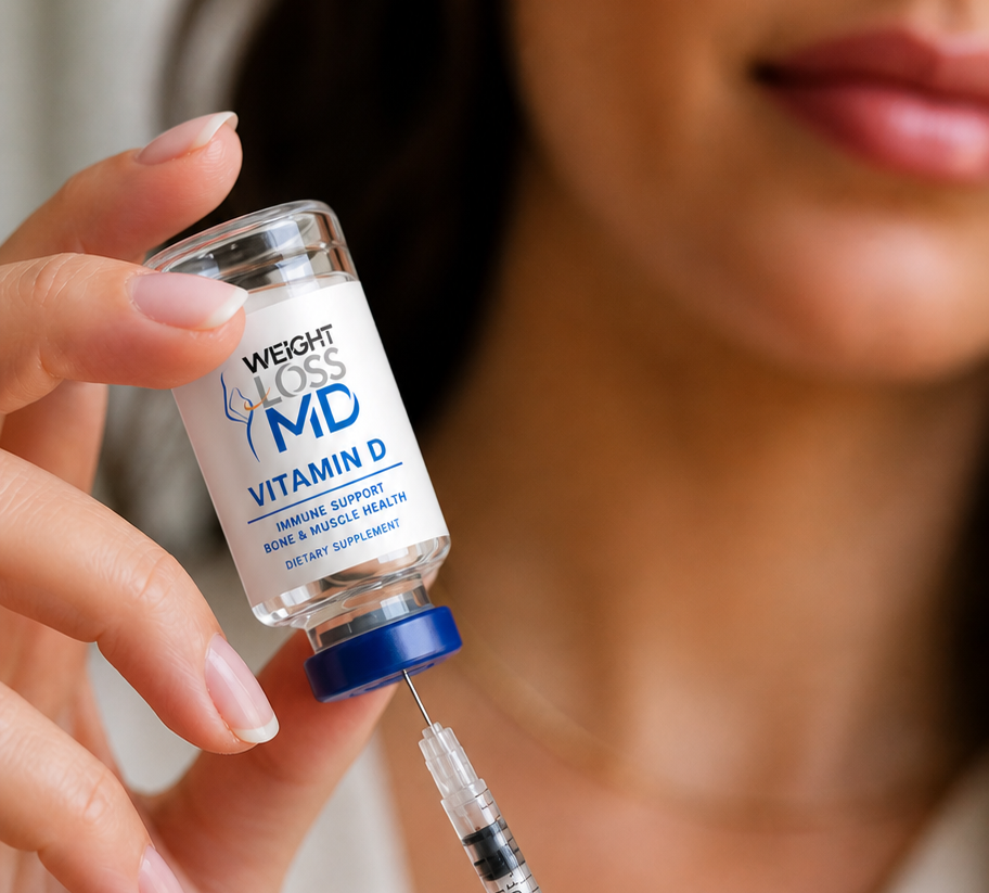 Close-up of hands holding a Vitamin D vial and syringe with Weight Loss MD branding.