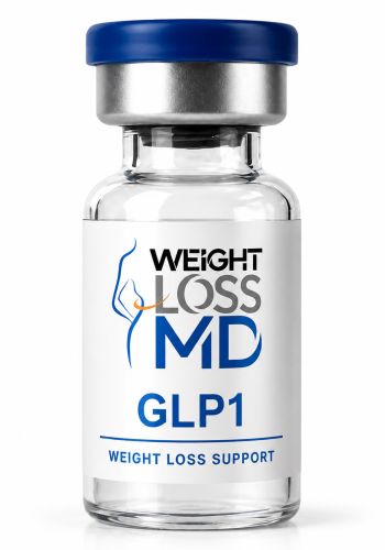 Close-up of a GLP-1 Weight Loss MD vial centered on a white background.