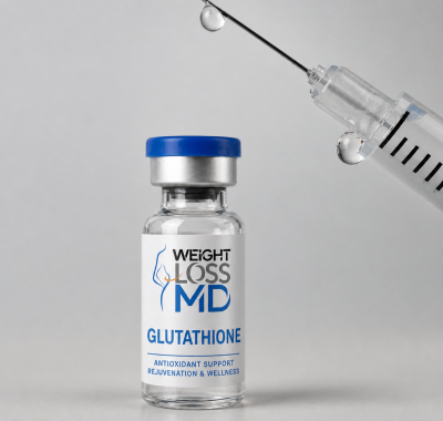 Glutathione vial with syringe and droplet, Weight Loss MD branding on a clean background.