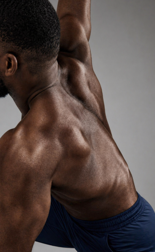 Muscular man’s back and shoulders in athletic pose wearing blue shorts against a neutral studio background