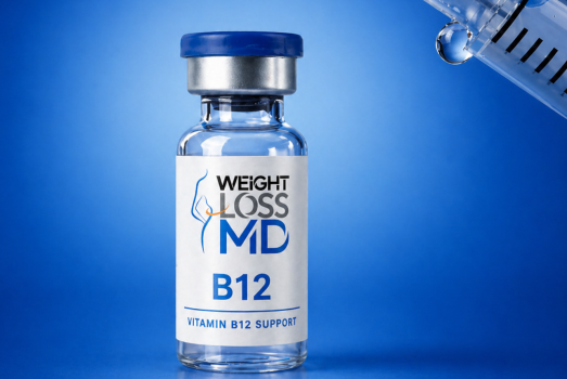 Vitamin B12 injection vial with Weight Loss MD branding and syringe on blue gradient background