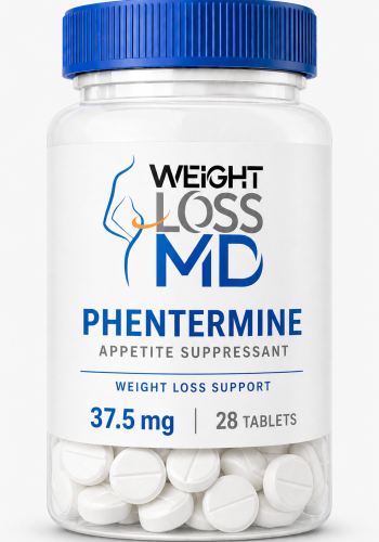 Weight Loss MD phentermine 37.5 mg tablet bottle with 28 tablets shown in a clear container with blue cap