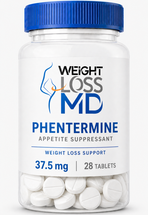 Weight Loss MD phentermine 37.5 mg tablet bottle with 28 tablets shown in a clear container with blue cap