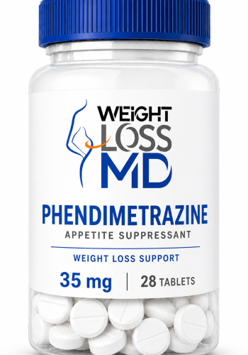 Bottle labeled Phendimetrazine 35 mg with 28 tablets, Weight Loss MD branding on a white background.