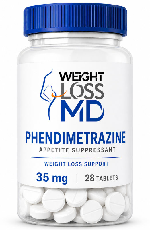 Bottle labeled Phendimetrazine 35 mg with 28 tablets, Weight Loss MD branding on a white background.