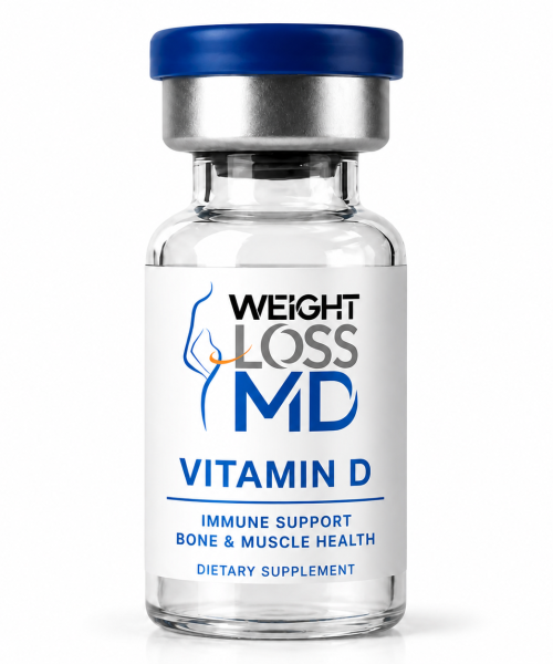 Vitamin D vial with Weight Loss MD branding on a clean white background.