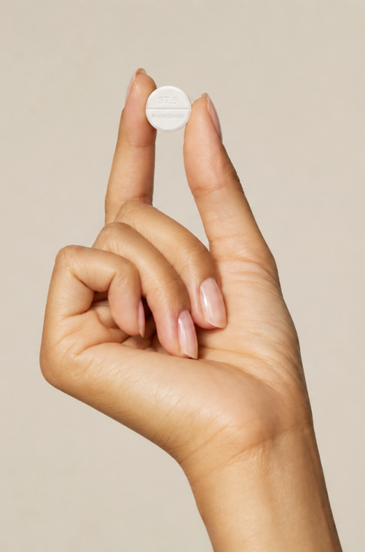 Hand holding a white phentermine 37.5 mg tablet against a soft neutral background