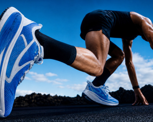 Low-angle view of an athlete sprinting in blue-accented running shoes against a bright sky.