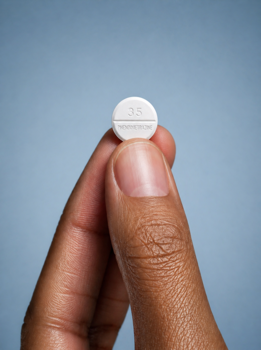 Hand holding a single white Phendimetrazine 35 mg tablet against a soft blue gradient background