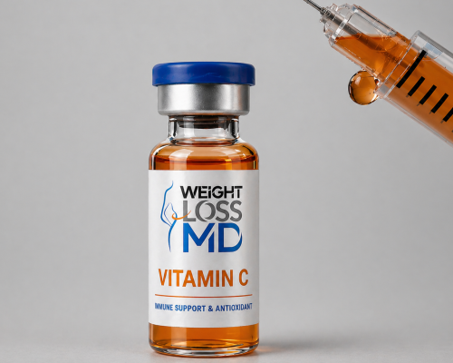 Vitamin C injectable vial by Weight Loss MD with syringe, orange liquid, wellness injection therapy