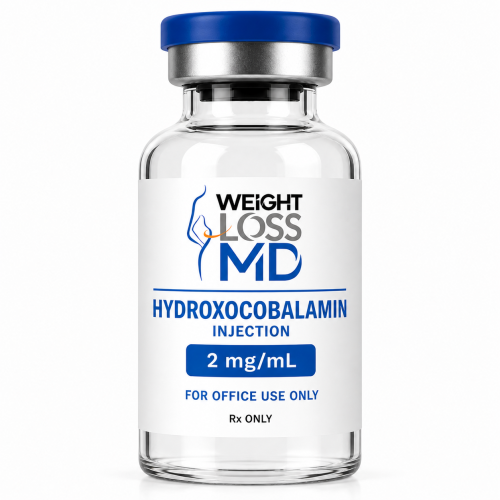 Hydroxocobalamin injection vial 2 mg/mL with Weight Loss MD branding on a clean white background